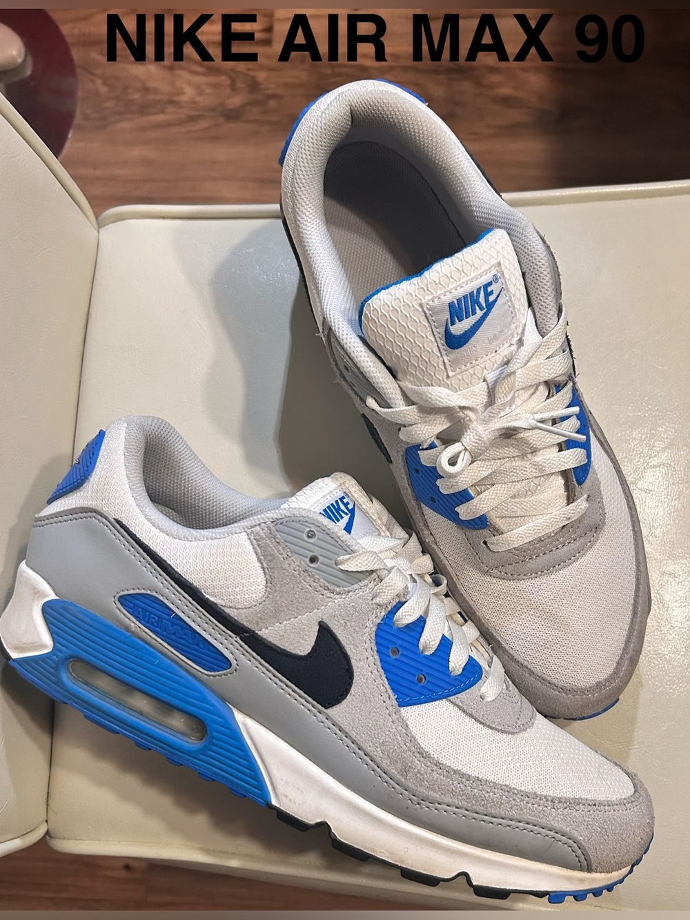 Nike Air Max 90 Men's Sneakers - White/Light Gray/Blue Size: 12.5 | No Box